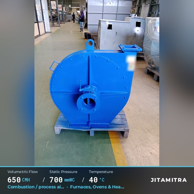 Backward-curved plate fan built by Jitamitra for combustion and process air, 650 CMH at 700 mmWC and 40 °C
