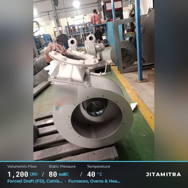 Backward-curved plate fan built by Jitamitra for forced draught, 1,200 CMH at 80 mmWC and 40 °C