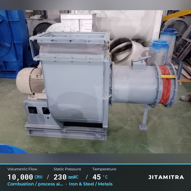 Backward-curved plate fan built by Jitamitra for combustion and process air, 10,000 CMH at 230 mmWC and 45 °C