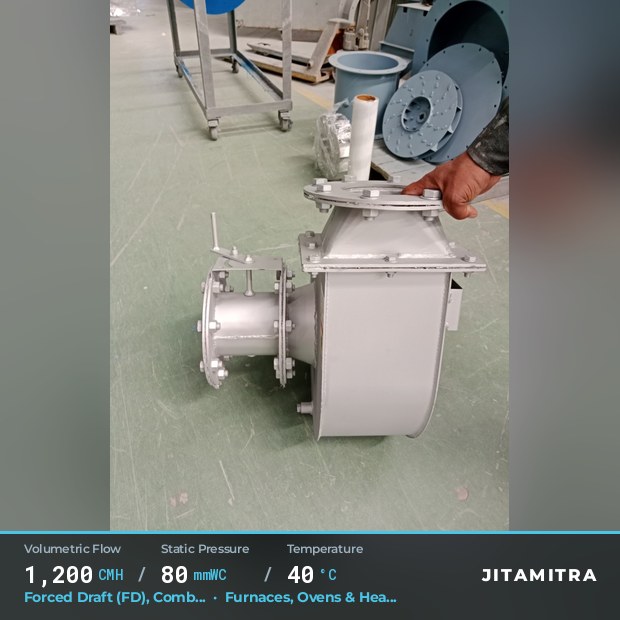 Backward-curved plate fan built by Jitamitra for forced draught, 1,200 CMH at 80 mmWC and 40 °C