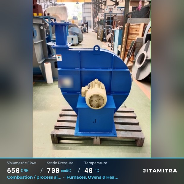 Backward-curved plate fan built by Jitamitra for combustion and process air, 650 CMH at 700 mmWC and 40 °C