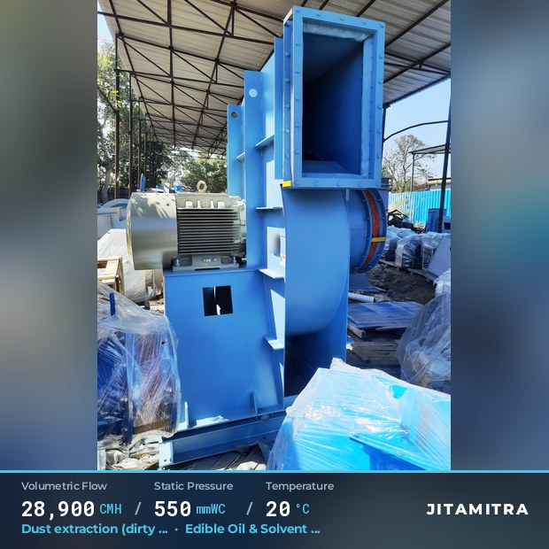 Backward-curved plate fan built by Jitamitra for dust extraction, 28,900 CMH at 550 mmWC and 20 °C