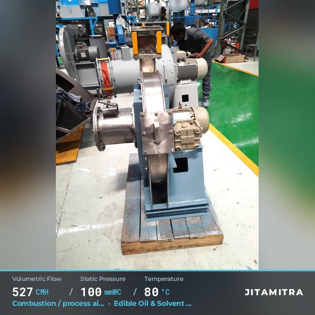 Backward-curved plate fan built by Jitamitra for combustion and process air, 527 CMH at 100 mmWC and 80 °C