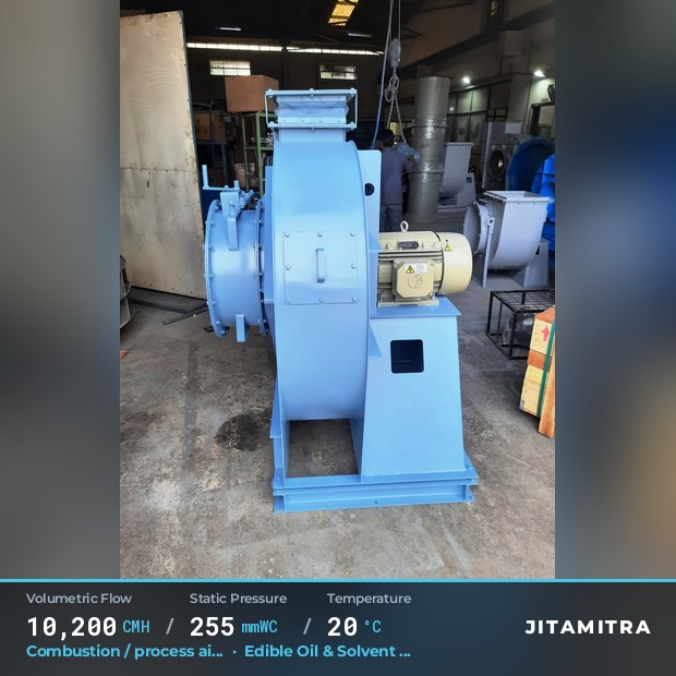 Backward-curved plate fan built by Jitamitra for combustion and process air, 10,200 CMH at 255 mmWC and 20 °C