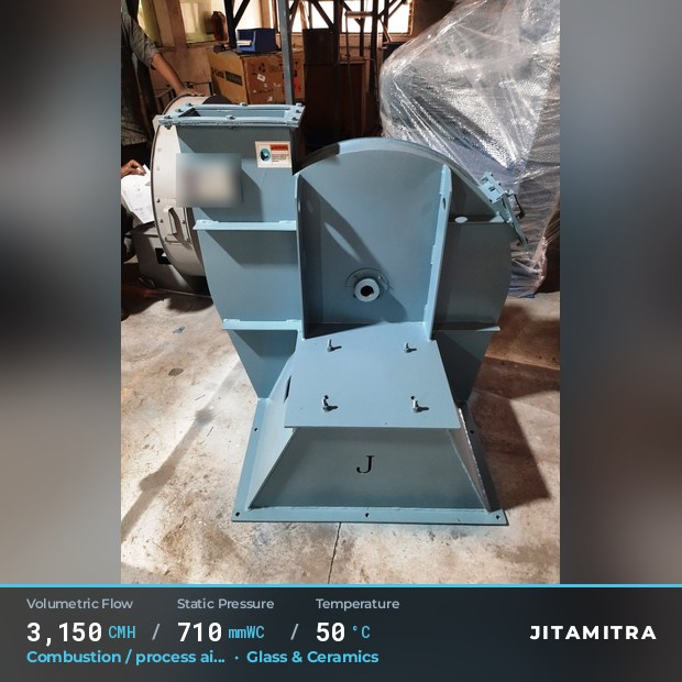 Backward-curved plate fan built by Jitamitra for combustion and process air, 3,150 CMH at 710 mmWC and 50 °C
