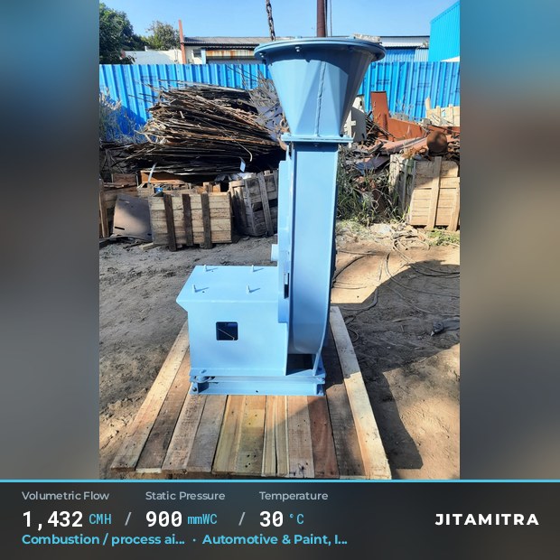 Backward-curved plate fan built by Jitamitra for combustion and process air, 1,432 CMH at 900 mmWC and 30 °C
