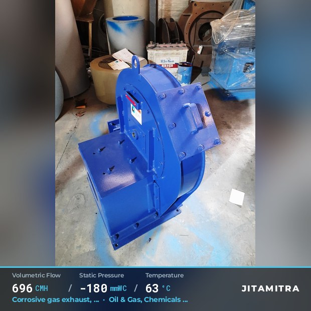 Backward-curved plate fan built by Jitamitra for corrosive gas exhaust in oil and gas, 696 CMH at 180 mmWC and 63 °C