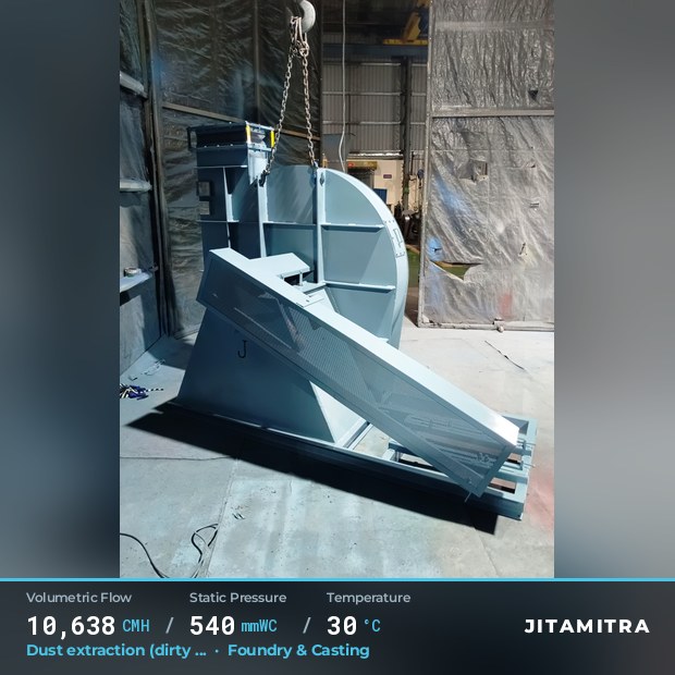 Backward-curved plate fan built by Jitamitra for dust extraction in foundries and casting, 10,638 CMH at 540 mmWC and 30 °C