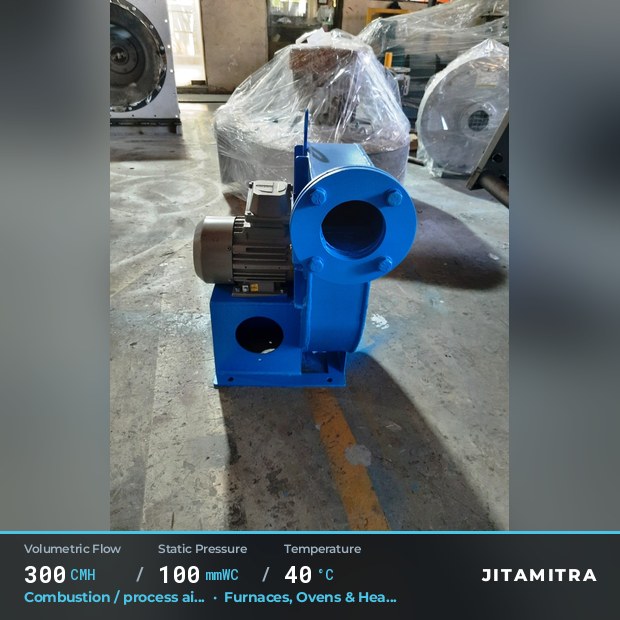 Backward-curved plate fan built by Jitamitra for combustion and process air, 300 CMH at 100 mmWC and 40 °C
