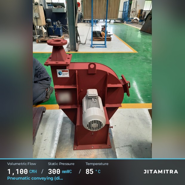 Backward-curved plate fan built by Jitamitra for pneumatic conveying, 1,100 CMH at 300 mmWC and 85 °C