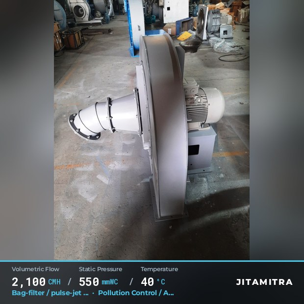 Backward-curved plate fan built by Jitamitra for bag-filter draught, 2,100 CMH at 550 mmWC and 40 °C