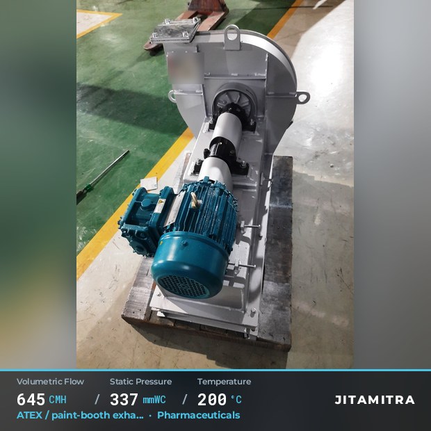 Backward-curved plate fan built by Jitamitra for ATEX paint-booth exhaust, 645 CMH at 337 mmWC and 200 °C