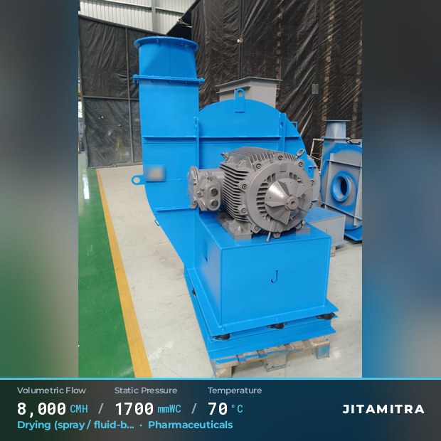 Backward-curved plate fan built by Jitamitra for spray and fluid-bed drying, 8,000 CMH at 1,700 mmWC and 70 °C