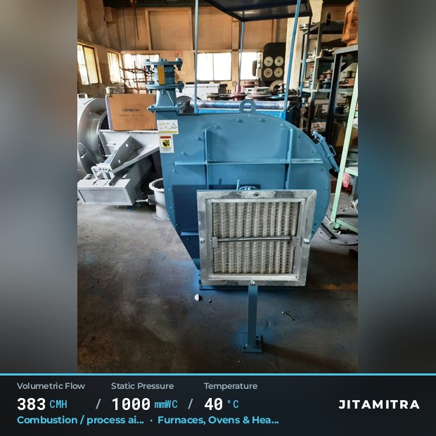 Backward-curved plate fan built by Jitamitra for combustion and process air, 383 CMH at 1,000 mmWC and 40 °C