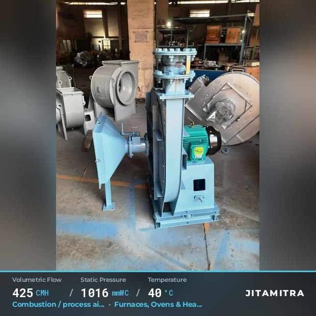 Backward-curved plate fan built by Jitamitra for combustion and process air, 425 CMH at 1,016 mmWC and 40 °C
