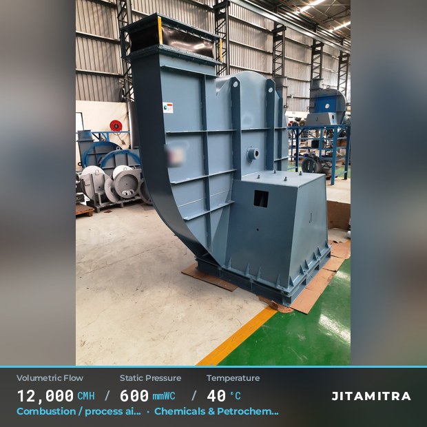 Backward-curved plate fan built by Jitamitra for combustion and process air, 12,000 CMH at 600 mmWC and 40 °C
