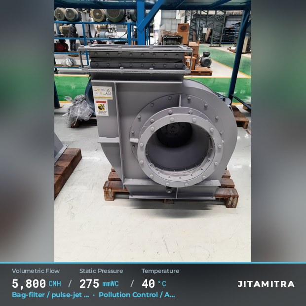 Backward-curved plate fan built by Jitamitra for bag-filter draught, 5,800 CMH at 275 mmWC and 40 °C
