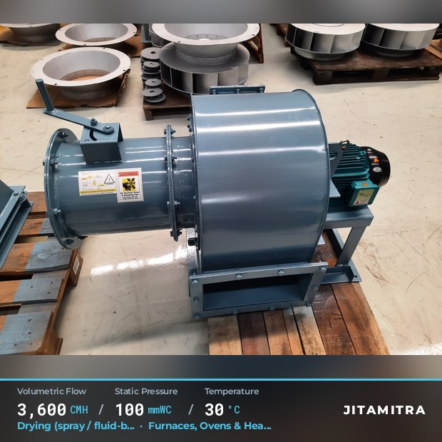 Backward-curved plate fan built by Jitamitra for spray and fluid-bed drying, 3,600 CMH at 100 mmWC and 30 °C