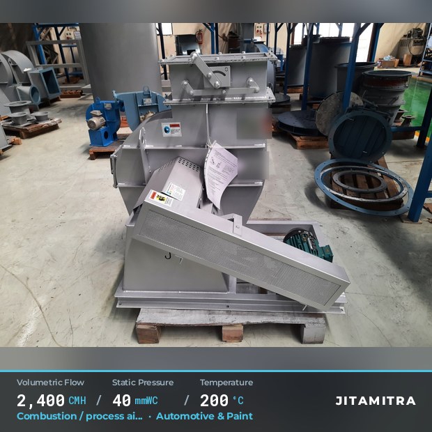 Backward-curved plate fan built by Jitamitra for combustion and process air, 2,400 CMH at 40 mmWC and 200 °C