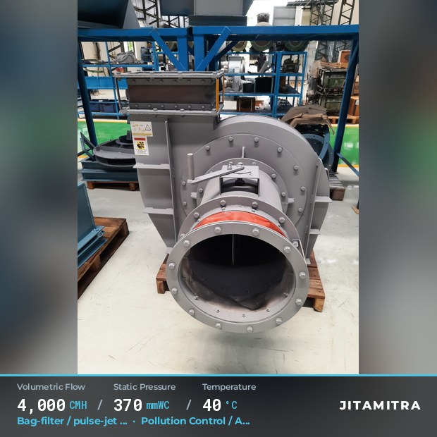 Backward-curved plate fan built by Jitamitra for bag-filter draught, 4,000 CMH at 370 mmWC and 40 °C
