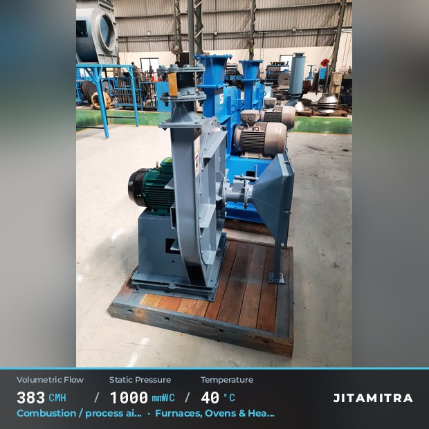 Backward-curved plate fan built by Jitamitra for combustion and process air, 383 CMH at 1,000 mmWC and 40 °C