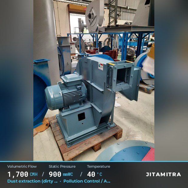 Backward-curved plate fan built by Jitamitra for dust extraction in pollution control OEMs, 1,700 CMH at 900 mmWC and 40 °C