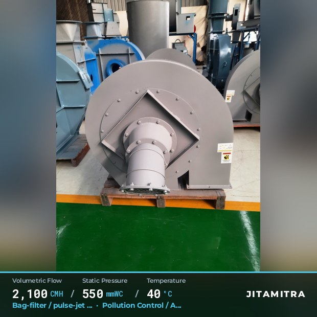 Backward-curved plate fan built by Jitamitra for bag-filter draught, 2,100 CMH at 550 mmWC and 40 °C