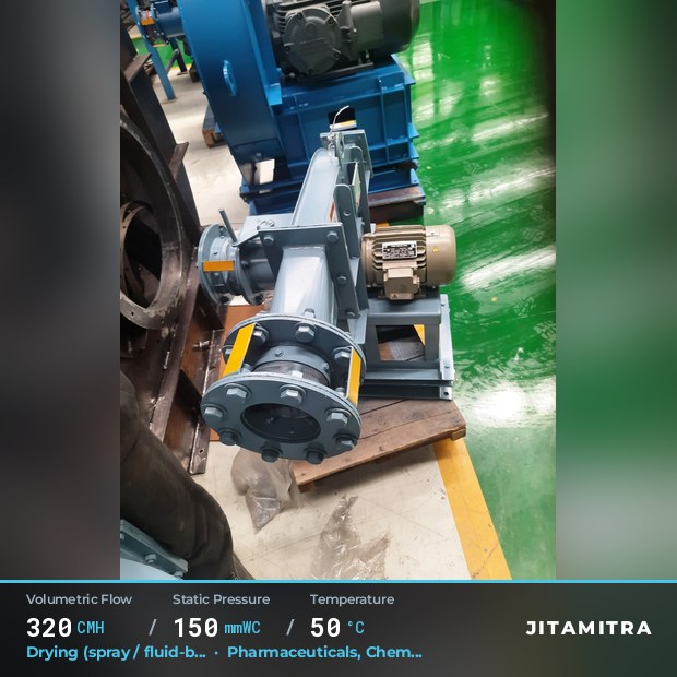 Backward-curved plate fan built by Jitamitra for spray and fluid-bed drying, 320 CMH at 150 mmWC and 50 °C