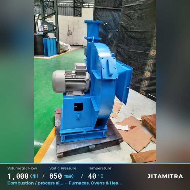 Backward-curved plate fan built by Jitamitra for combustion and process air, 1,000 CMH at 850 mmWC and 40 °C