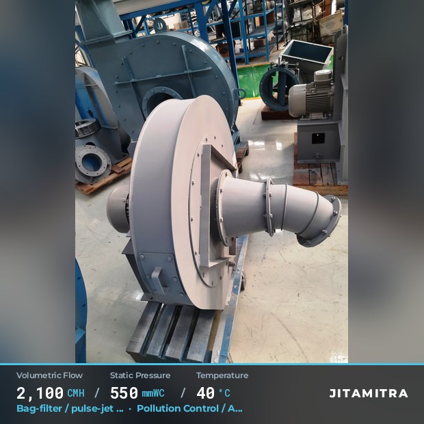 Backward-curved plate fan built by Jitamitra for bag-filter draught, 2,100 CMH at 550 mmWC and 40 °C