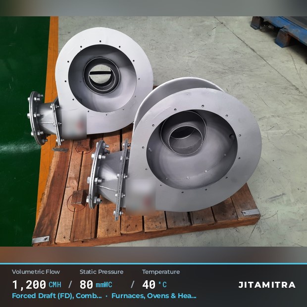 Backward-curved plate fan built by Jitamitra for forced draught, 1,200 CMH at 80 mmWC and 40 °C