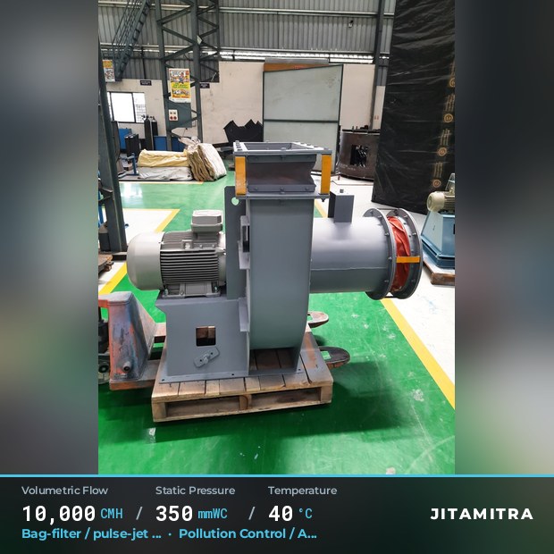 Backward-curved plate fan built by Jitamitra for bag-filter draught, 10,000 CMH at 350 mmWC and 40 °C