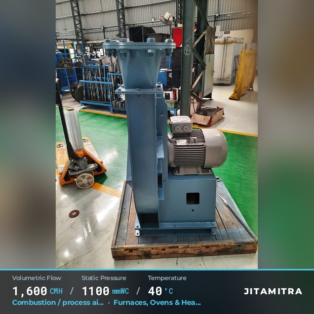 Backward-curved plate fan built by Jitamitra for combustion and process air, 1,600 CMH at 1,100 mmWC and 40 °C