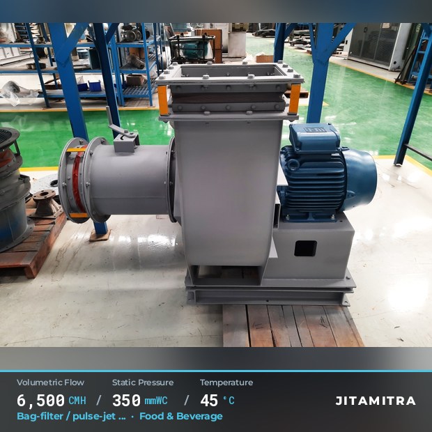 Backward-curved plate fan built by Jitamitra for bag-filter draught, 6,500 CMH at 350 mmWC and 45 °C