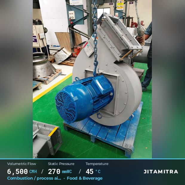Backward-curved plate fan built by Jitamitra for combustion and process air, 6,500 CMH at 270 mmWC and 45 °C
