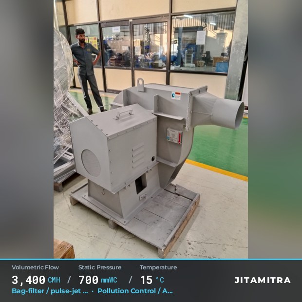 Backward-curved plate fan built by Jitamitra for bag-filter draught, 3,400 CMH at 700 mmWC and 15 °C