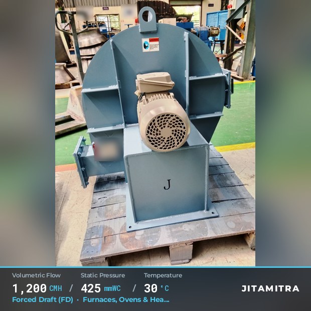 Backward-curved plate fan built by Jitamitra for forced draught, 1,200 CMH at 425 mmWC and 30 °C