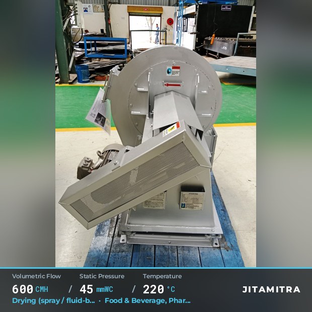 Backward-curved plate fan built by Jitamitra for spray and fluid-bed drying, 600 CMH at 45 mmWC and 220 °C