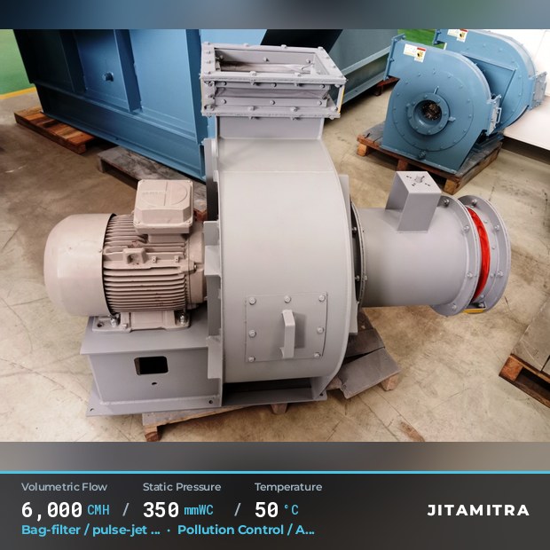 Backward-curved plate fan built by Jitamitra for bag-filter draught, 6,000 CMH at 350 mmWC and 50 °C