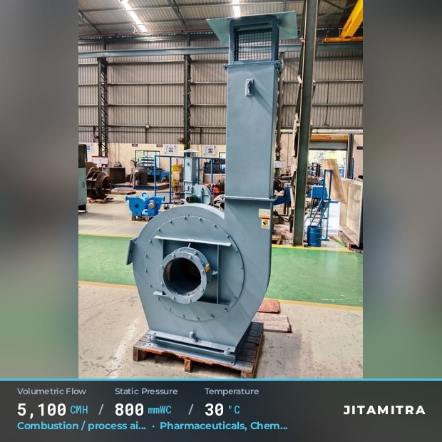 Backward-curved plate fan built by Jitamitra for combustion and process air, 5,100 CMH at 800 mmWC and 30 °C