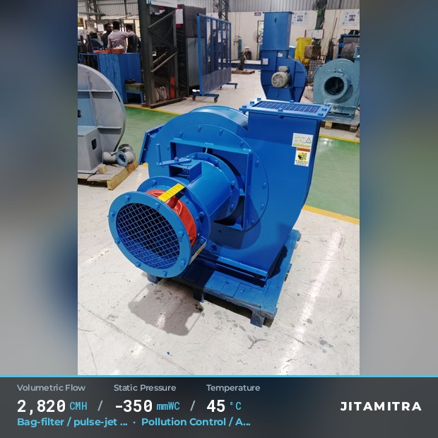 Backward-curved plate fan built by Jitamitra for bag-filter draught, 2,820 CMH at 350 mmWC and 45 °C