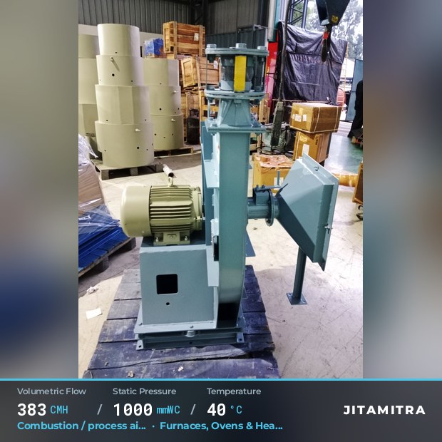 Backward-curved plate fan built by Jitamitra for combustion and process air, 383 CMH at 1,000 mmWC and 40 °C