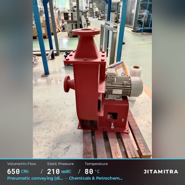 Backward-curved plate fan built by Jitamitra for pneumatic conveying, 650 CMH at 210 mmWC and 80 °C