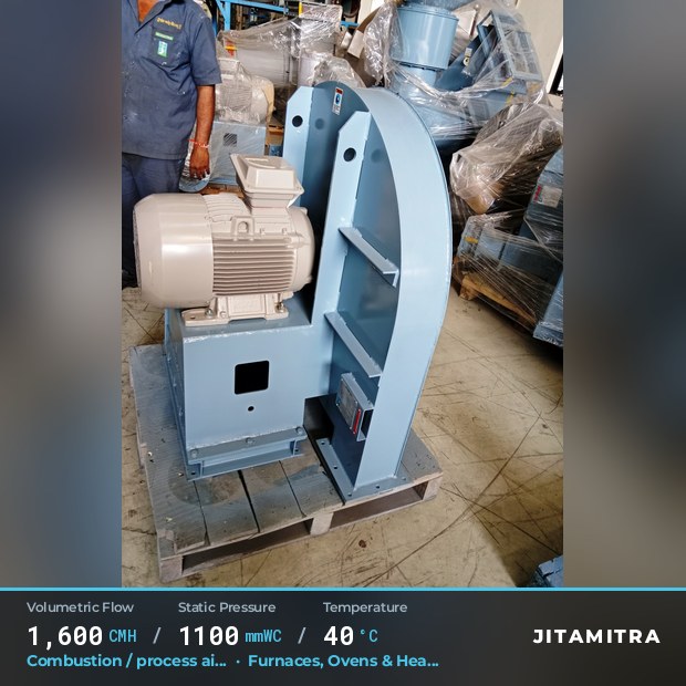 Backward-curved plate fan built by Jitamitra for combustion and process air, 1,600 CMH at 1,100 mmWC and 40 °C