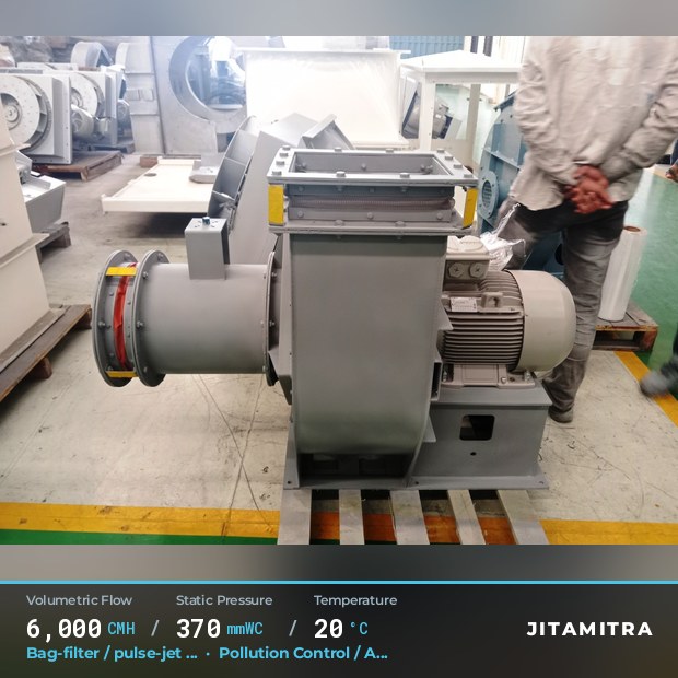 Backward-curved plate fan built by Jitamitra for bag-filter draught, 6,000 CMH at 370 mmWC and 20 °C