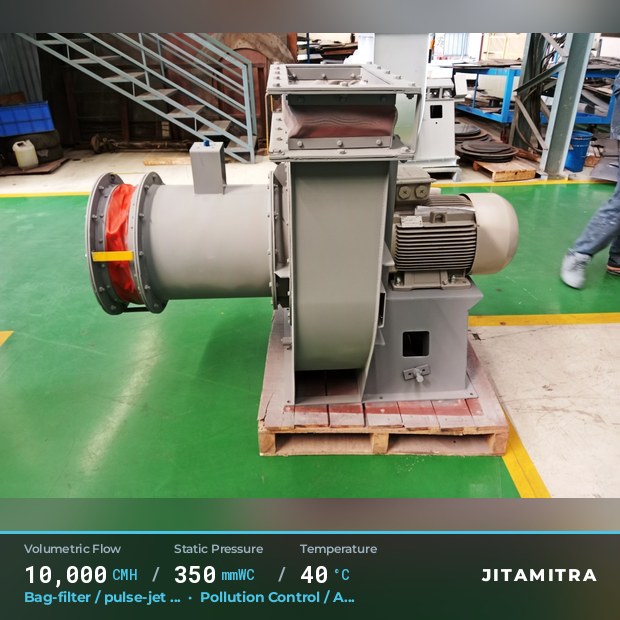 Backward-curved plate fan built by Jitamitra for bag-filter draught, 10,000 CMH at 350 mmWC and 40 °C