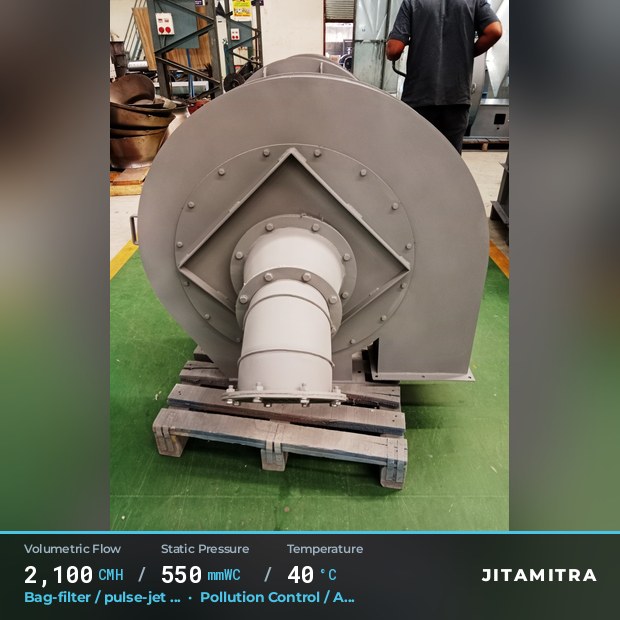 Backward-curved plate fan built by Jitamitra for bag-filter draught, 2,100 CMH at 550 mmWC and 40 °C