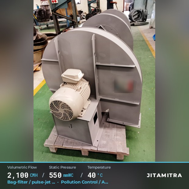 Backward-curved plate fan built by Jitamitra for bag-filter draught, 2,100 CMH at 550 mmWC and 40 °C