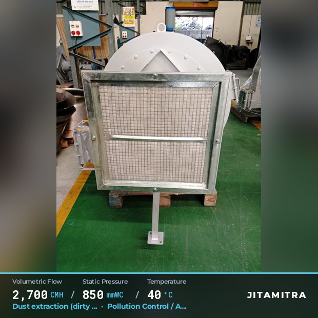 Backward-curved plate fan built by Jitamitra for dust extraction in pollution control OEMs, 2,700 CMH at 850 mmWC and 40 °C