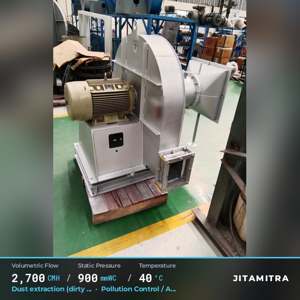 Backward-curved plate fan built by Jitamitra for dust extraction in pollution control OEMs, 2,700 CMH at 900 mmWC and 40 °C